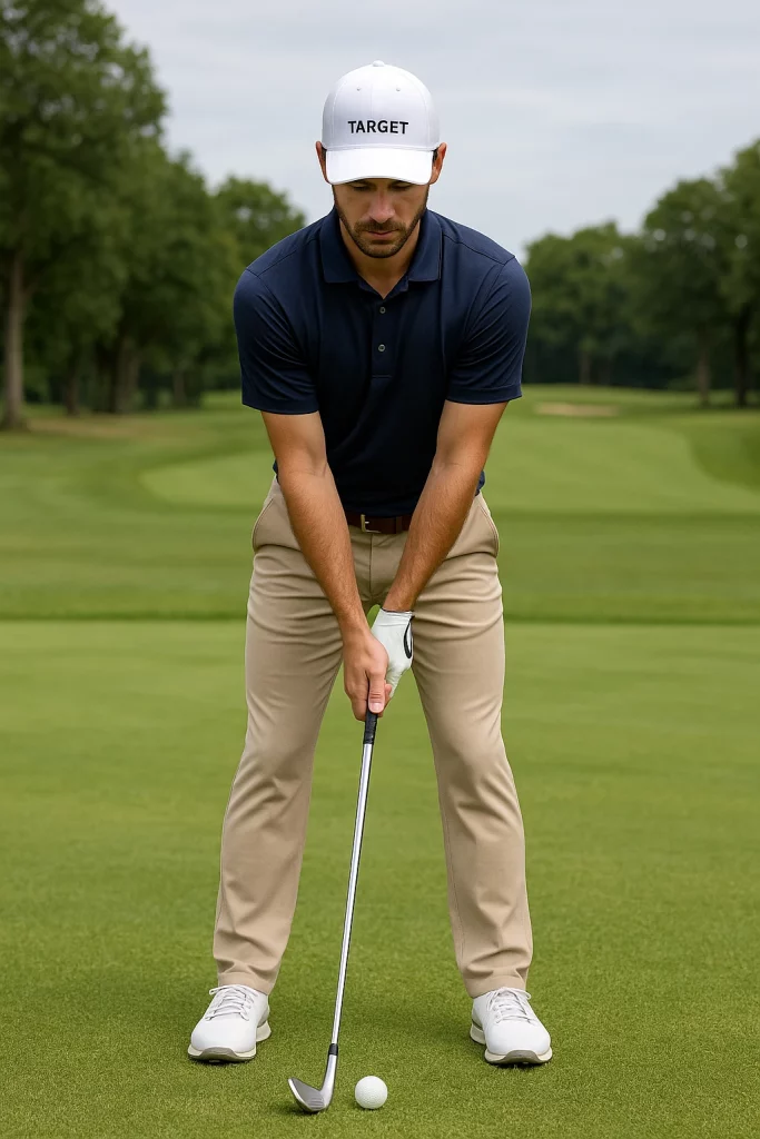 Imagen que muestra a un golfista en la posición inicial de un golpe de approach. Se observan los pies ligeramente separados, el cuerpo alineado con la dirección del tiro y la bola colocada al centro del stance. Esta postura es clave para la precisión y el control en golpes cortos.