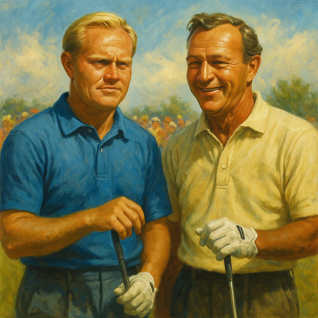 Ilustración artística de la rivalidad entre Jack Nicklaus y Arnold Palmer en un campo de golf