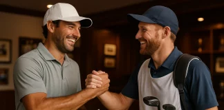 El caddie: Tu aliado integral del golf Golfista y caddie se felicitan en la casa club tras completar una ronda de golf con éxito