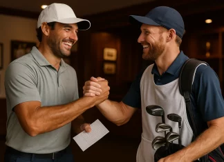 El caddie: Tu aliado integral del golf Golfista y caddie se felicitan en la casa club tras completar una ronda de golf con éxito