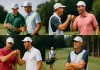 Comparativa entre estilos de caddie Cuatro escenas que muestran distintos estilos de caddie: uno analiza la estrategia, otro motiva al jugador, uno da consejos técnicos y otro observa con experiencia desde el fairway