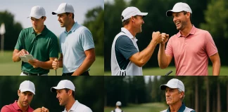 Cuatro escenas que muestran distintos estilos de caddie: uno analiza la estrategia, otro motiva al jugador, uno da consejos técnicos y otro observa con experiencia desde el fairway