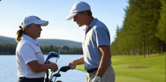 Uso de Caddies en Torneos de Golf Caddie asistiendo a un golfista con la selección de palos y estrategia en el campo de golf.
