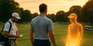 El futuro del caddie en el golf Golfista acompañado por un caddie humano tradicional y un caddie virtual proyectado como holograma desde un reloj inteligente, en un campo de golf al atardecer.