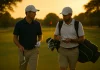 Golfista y caddie caminando por el campo de golf al atardecer mientras analizan el siguiente golpe con concentración.