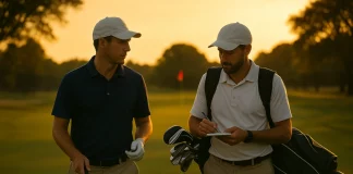 La relación jugador-caddie: comunicación, confianza y estrategia Golfista y caddie caminando por el campo de golf al atardecer mientras analizan el siguiente golpe con concentración.
