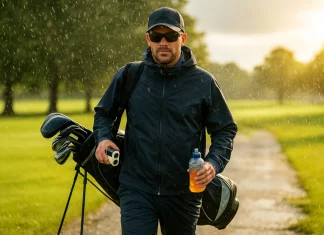 Equipamiento Esencial del Caddie Caddie de golf profesional con equipamiento esencial, caminando bajo la lluvia y el sol con bolsa, ropa técnica, medidor láser y bebida isotónica.