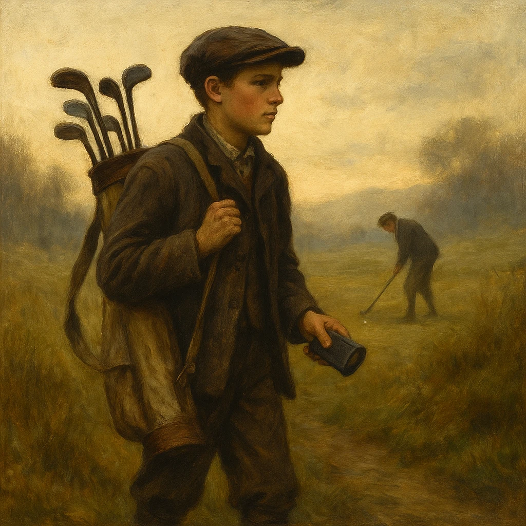 Joven caddie de época con bolsa de palos antiguos en un campo de golf histórico y brumoso.