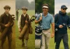 Historia de los caddies en el golf Cuatro caddies de diferentes épocas, desde el siglo XIX hasta hoy, con ropa, bolsas y estilos que muestran la evolución histórica del golf.