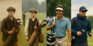 Cuatro caddies de diferentes épocas, desde el siglo XIX hasta hoy, con ropa, bolsas y estilos que muestran la evolución histórica del golf.