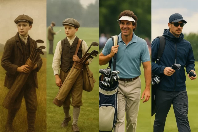 Cuatro caddies de diferentes épocas, desde el siglo XIX hasta hoy, con ropa, bolsas y estilos que muestran la evolución histórica del golf.