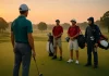 Cómo elegir el caddie perfecto Golfista profesional de espaldas evaluando a tres caddies con distintos perfiles en un campo de golf al amanecer.