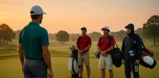 Cómo elegir el caddie perfecto Golfista profesional de espaldas evaluando a tres caddies con distintos perfiles en un campo de golf al amanecer.