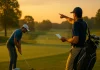 Consejos de los Mejores Golfistas: Claves para el Éxito en el Campo Golfista visualizando, calentando, planificando con su caddie y practicando putts, ilustrando mentalidad, entrenamiento físico, estrategia y práctica constante en el golf profesional.