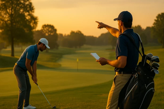 Golfista visualizando, calentando, planificando con su caddie y practicando putts, ilustrando mentalidad, entrenamiento físico, estrategia y práctica constante en el golf profesional.