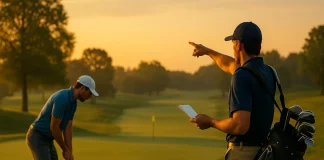 Golfista y caddie planificando el golpe en un campo de golf al amanecer, con libro de yardas y bolsa de palos.