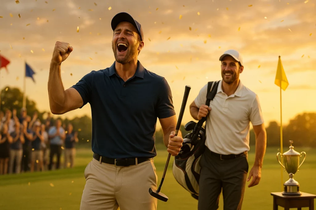 Golfista profesional levanta el puño en señal de victoria en el green, con su caddie acercándose y público celebrando al fondo tras ganar un torneo de golf.