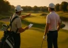 Profesionales: Cómo Leer el Campo y Planificar los Tiros Golfista y caddie revisando el libro de yardas y planificando el tiro en un campo de golf profesional al atardecer.