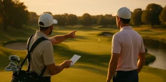 Profesionales: Cómo Leer el Campo y Planificar los Tiros Golfista y caddie revisando el libro de yardas y planificando el tiro en un campo de golf profesional al atardecer.