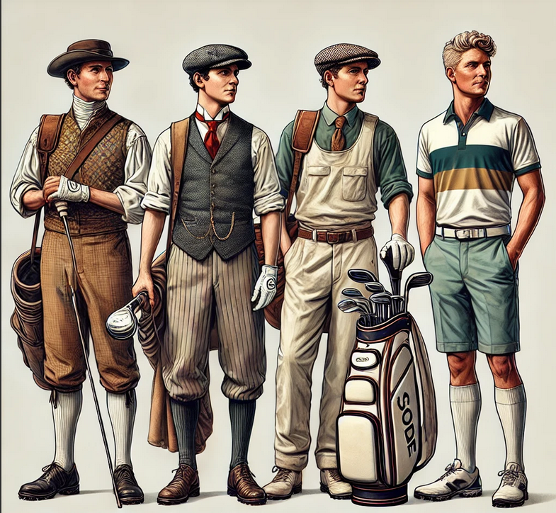 Cuatro caddies en diferentes estilos históricos, representando la evolución de la vestimenta y el equipo de golf a lo largo del tiempo.