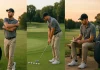 Rutinas Diarias para Mejorar Tu Juego de Golf Tres escenas de un golfista: estirando por la mañana, entrenando golpes de chip al mediodía y anotando su progreso al atardecer