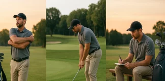 Rutinas Diarias para Mejorar Tu Juego de Golf Tres escenas de un golfista: estirando por la mañana, entrenando golpes de chip al mediodía y anotando su progreso al atardecer