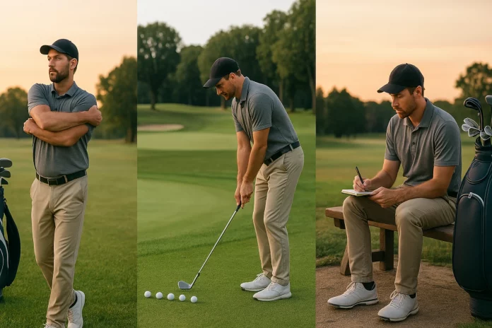 Tres escenas de un golfista: estirando por la mañana, entrenando golpes de chip al mediodía y anotando su progreso al atardecer