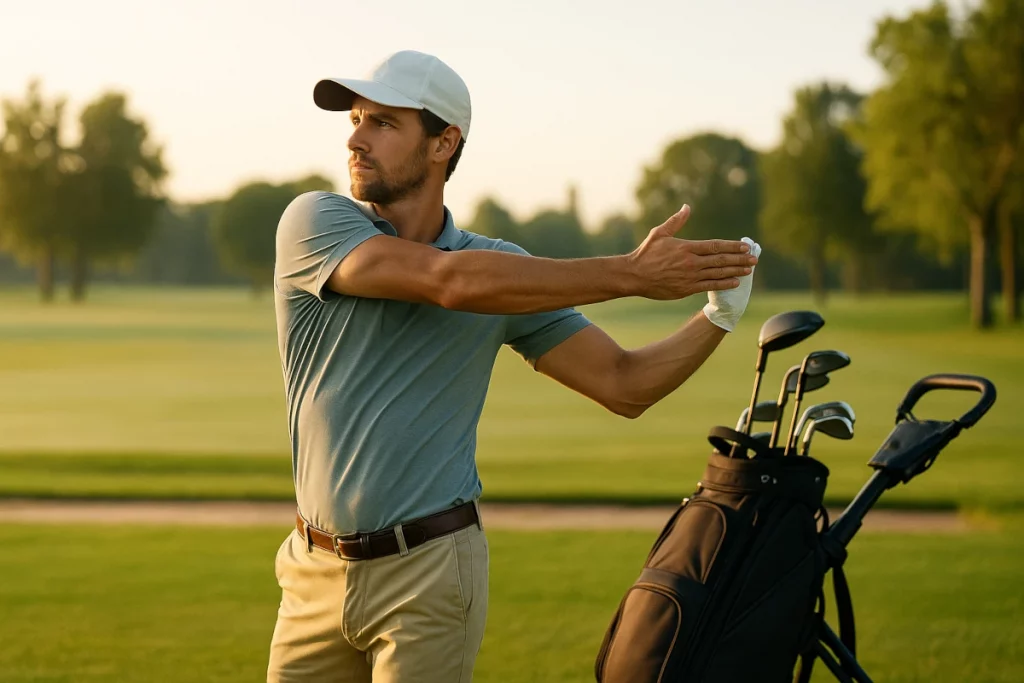 Golfista estirando los brazos junto a su bolsa de palos en el campo al amanecer, como parte de su calentamiento previo