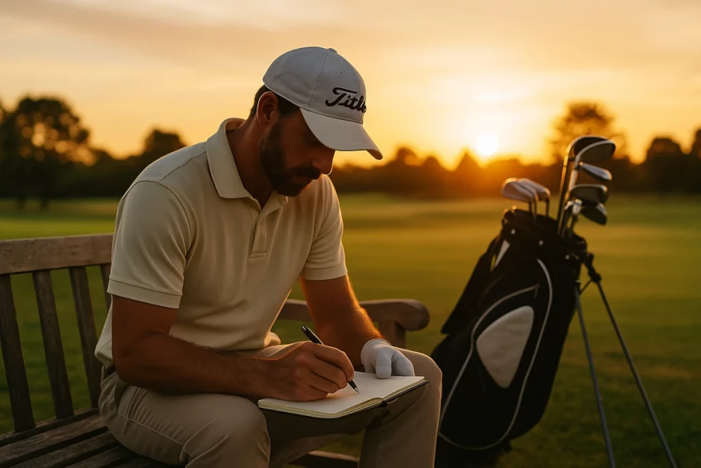 Golfista sentado al atardecer escribiendo en un cuaderno junto a su bolsa de palos tras una ronda