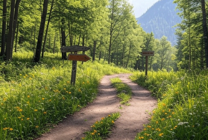 Sendero con señales claras a lo largo del camino, simbolizando la dirección y la toma de decisiones hacia el éxito.