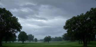 Campo de golf con cielo nublado y tormenta inminente, representando condiciones climáticas adversas.
