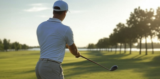 Cómo Mejorar la Consistencia en el Drive: Ejercicios Específicos Golfista entrenando la consistencia en el drive con ejercicios de alineación, tempo y rotación.