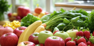 Nutrición para Golfistas: Mantener la Energía en el Campo Frutas y verduras frescas dispuestas en un entorno natural, resaltando su frescura y valor nutricional.