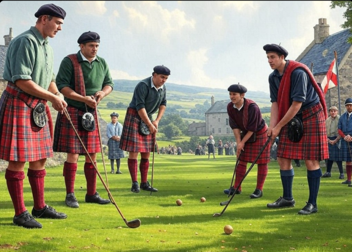 "Golf en Escocia siglo XVI, jugadores con palos antiguos en un paisaje de las Highlands."
