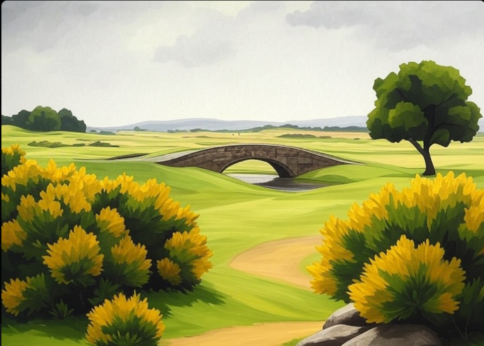 Representación del famoso puente de St. Andrews, un emblema del golf mundial.