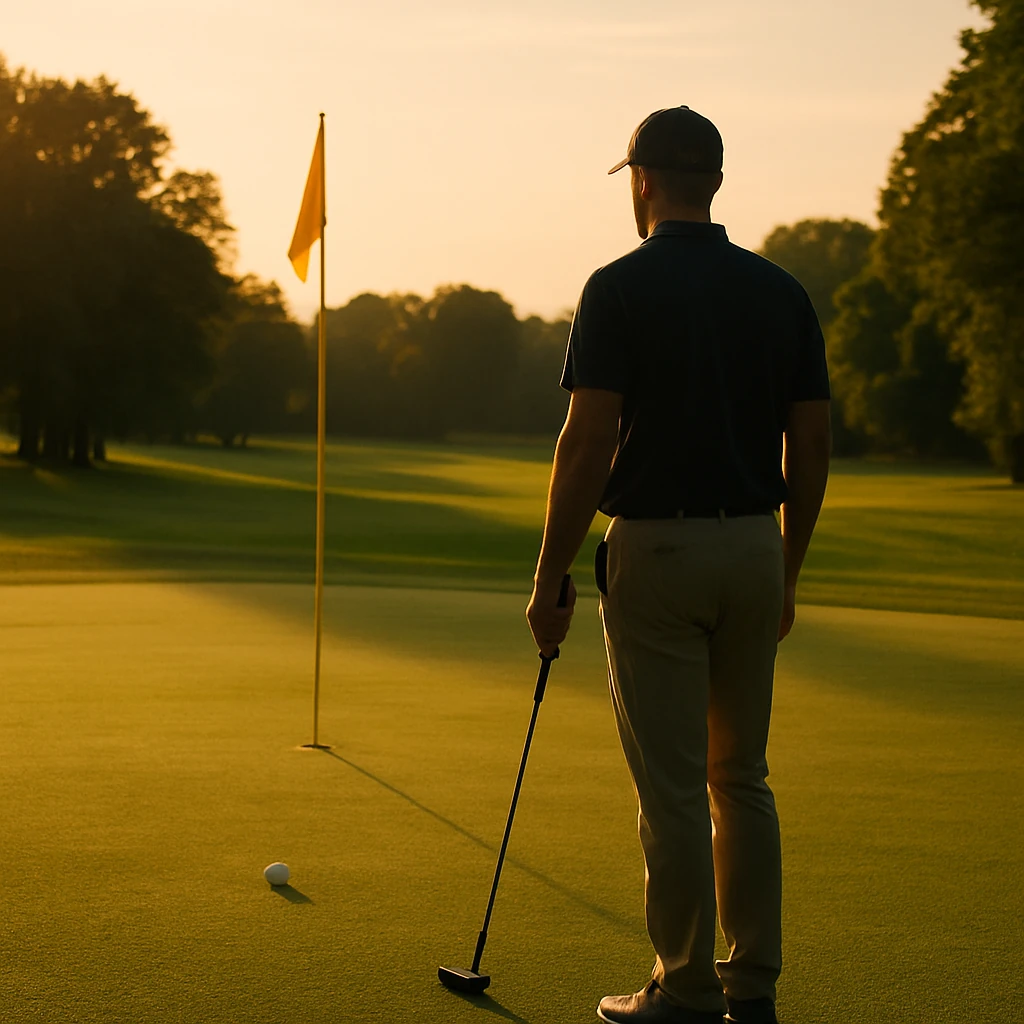 Golfista concentrado en el green al atardecer, con bandera visible y sin hoyo en escena