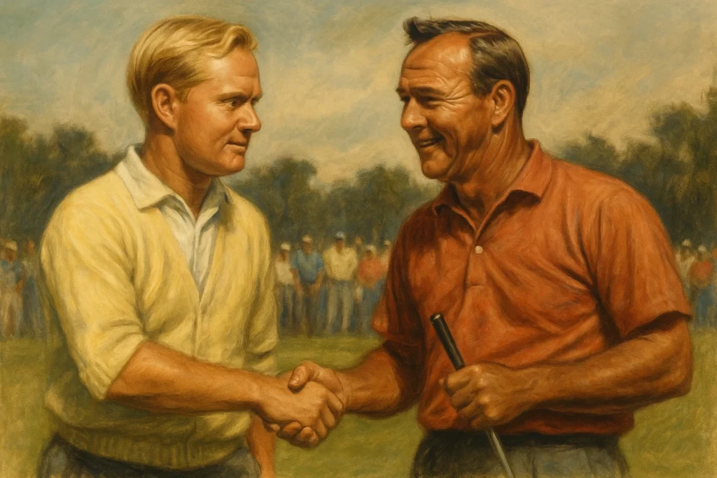 Jack Nicklaus y Arnold Palmer se saludan tras el U.S. Open 1962 en Oakmont, ilustración artística estilo óleo