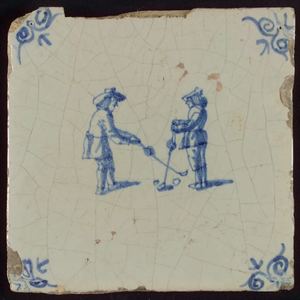 Escena de Kolven en un azulejo del siglo XVII, mostrando a dos niños bateando con un palo y una pelota.