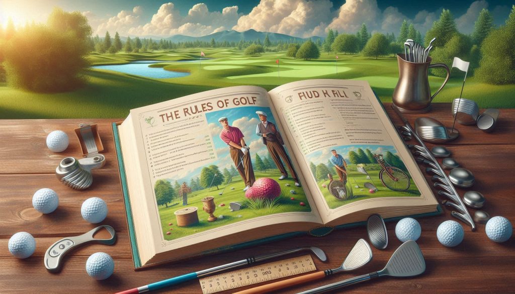 Infografía visual con iconos representativos de las reglas básicas del golf: tee de salida, golpe en el fairway, bunker, obstáculo de agua, green y hoyo, con la regla de contar los golpes.