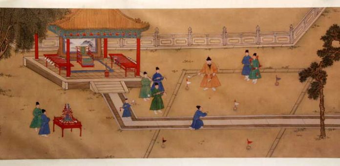 Representación del Chuiwan, un juego chino medieval con palos y bolas, precursor del golf.