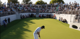 Espectadores y medios siguiendo las normas en un torneo de golf, manteniendo el silencio y respetando la distancia con los jugadores.