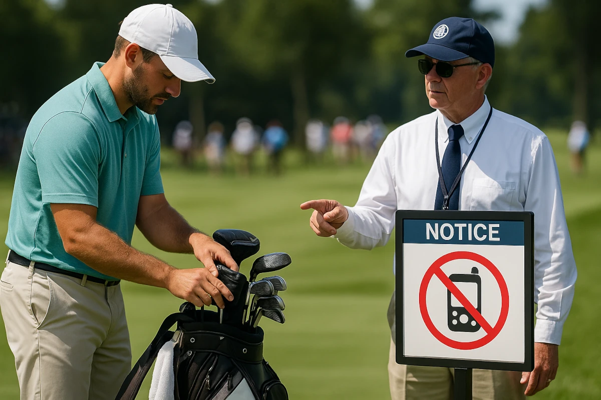 Árbitro de golf impide el uso de dispositivo electrónico mientras un jugador lo guarda en su bolsa junto a un cartel de normas