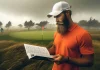 Reglas Locales en Torneos de Golf Golfista en un campo de golf lluvioso y ventoso, mirando un libro de reglas de golf mientras enfrenta condiciones climáticas desafiantes.