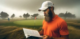 Reglas Locales en Torneos de Golf Golfista en un campo de golf lluvioso y ventoso, mirando un libro de reglas de golf mientras enfrenta condiciones climáticas desafiantes.