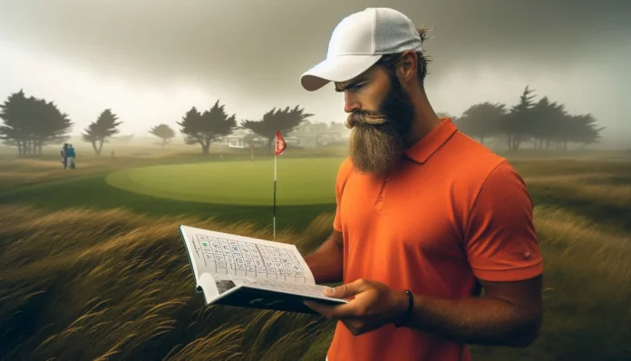 Golfista en un campo de golf lluvioso y ventoso, mirando un libro de reglas de golf mientras enfrenta condiciones climáticas desafiantes.
