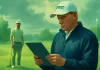 Un árbitro en un campo de golf mostrando reglas específicas en una pizarra mientras un jugador observa, listo para continuar el juego.