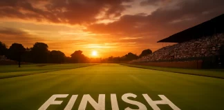 Reglas de Desempate en Torneos de Golf Línea de meta en un campo de golf con fondo dramático de gradas y cámaras de televisión, simbolizando el desempate.