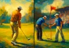 Reglas específicas del formato de competición Pintura de estilo impresionista mostrando un jugador de golf en Stroke Play y dos jugadores en un enfrentamiento de Match Play, con un campo y gradas al fondo.