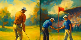 Pintura de estilo impresionista mostrando un jugador de golf en Stroke Play y dos jugadores en un enfrentamiento de Match Play, con un campo y gradas al fondo.