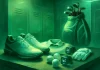 Reglas específicas de equipamiento para competiciones y torneos Equipamiento de golf profesional sobre una mesa en un vestuario, con iluminación suave y fondo futurista en tonos verdes, blancos y negros.